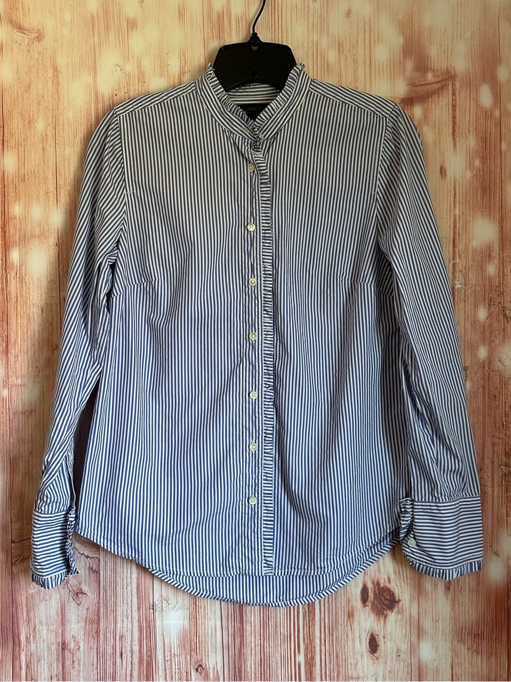 J. Crew Blue Pinstripe White Ruffle Trim Button Front Blouse Size 0